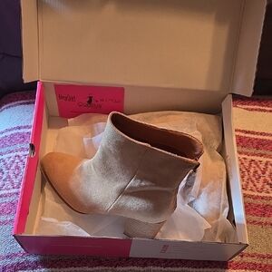 Corkys Tan Suede Ankle Booties with Stacked Heel